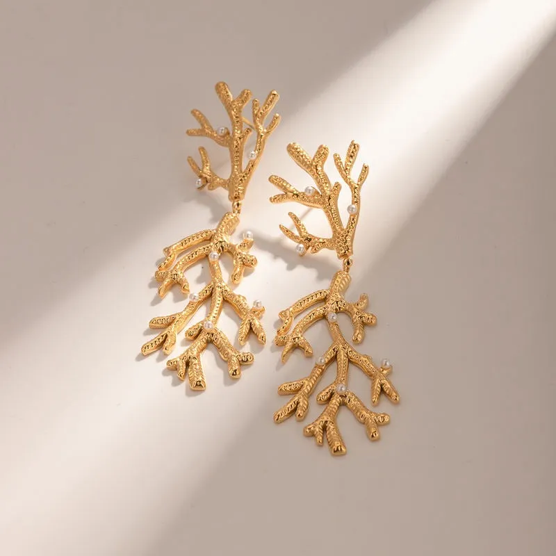 Gold Plated Coral Pearl Pendant Earrings