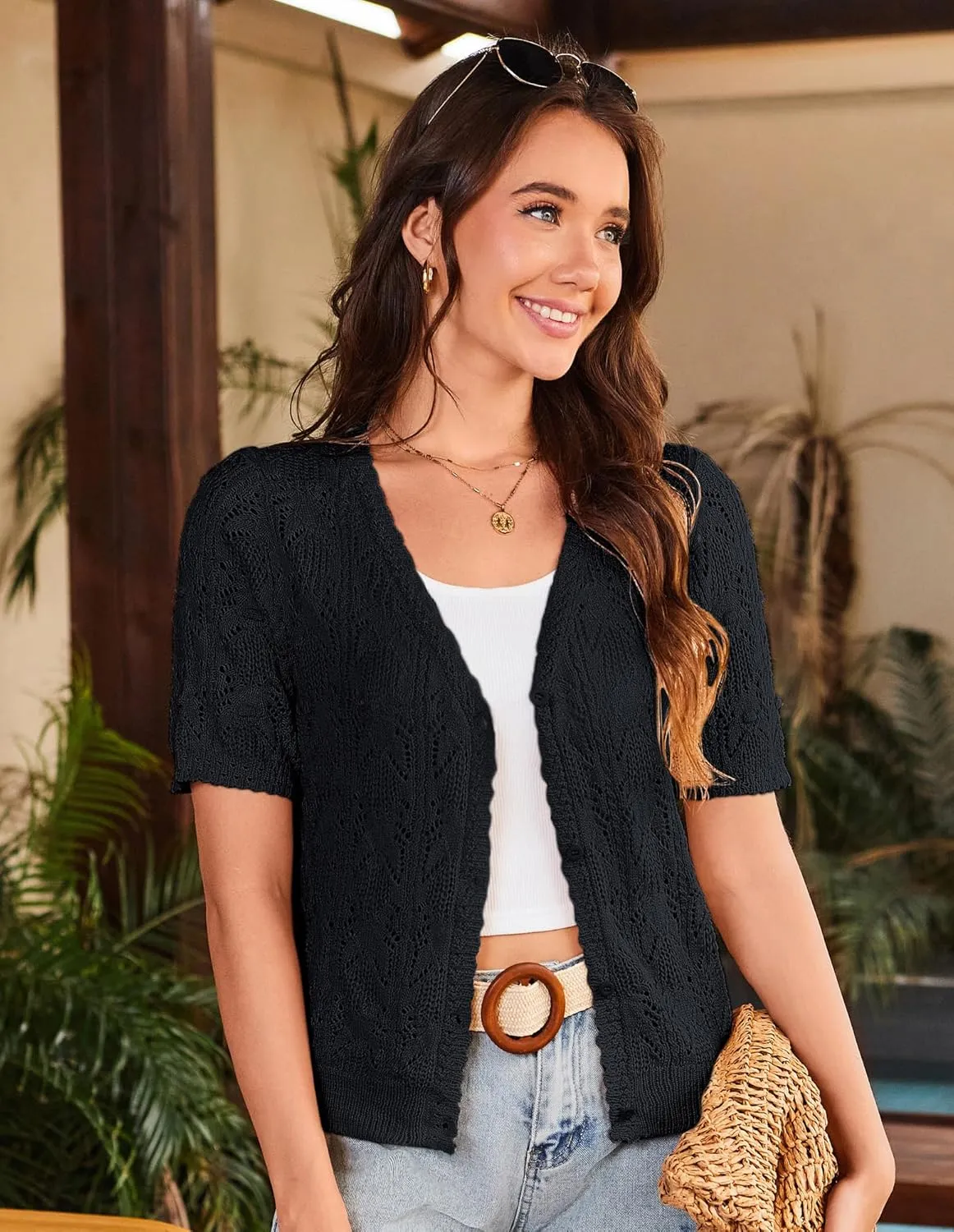 GRACE KARIN 2025 Women's Short Sleeve V Neck Cardigans Sweaters Open Front Knit Crochet Button Bolero Shrugs Tops