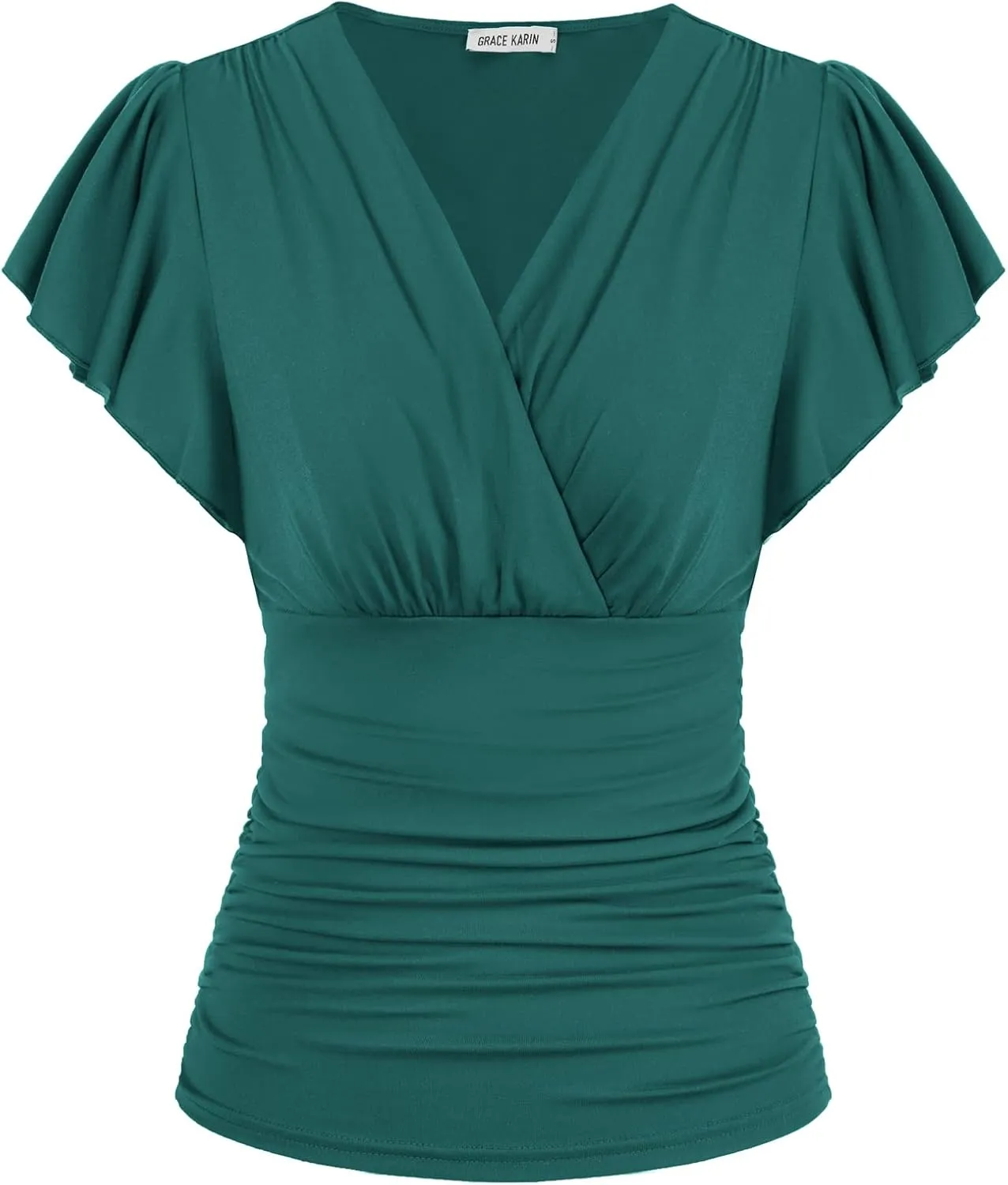 GRACE KARIN 2025 Womens Tops Summer Wrap Blouse V Neck Ruffle Sleeve Dressy Casual Top Ruched Trendy Clothes