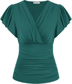 GRACE KARIN 2025 Womens Tops Summer Wrap Blouse V Neck Ruffle Sleeve Dressy Casual Top Ruched Trendy Clothes