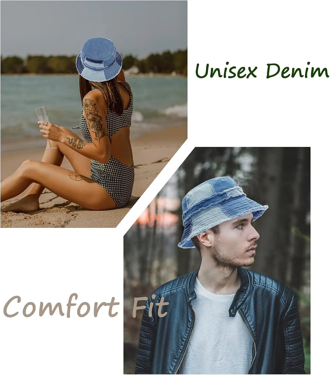 GuanGu Denim Bucket Hat for Women Washed Packable Summer Beach Sun Hats Mens Womens Bucket Hat for Travel