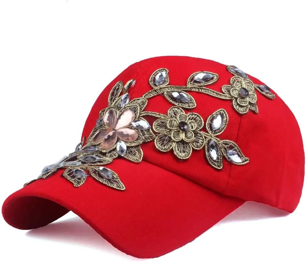 Gudessly Bling Women Baseball Cap Flower Snapback Rhinestone Sun Hats Adjustable Denim Jeans Hat