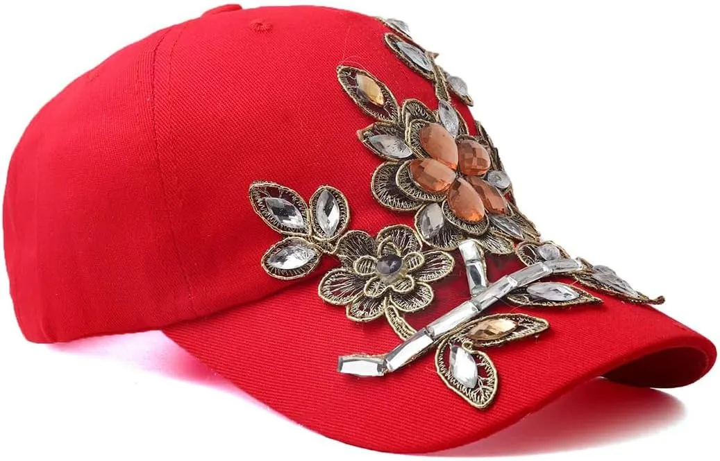 Gudessly Bling Women Baseball Cap Flower Snapback Rhinestone Sun Hats Adjustable Denim Jeans Hat