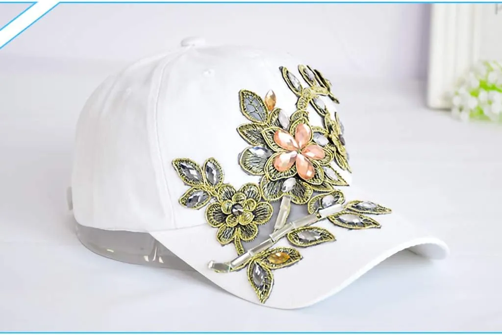 Gudessly Bling Women Baseball Cap Flower Snapback Rhinestone Sun Hats Adjustable Denim Jeans Hat