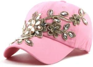 Gudessly Bling Women Baseball Cap Flower Snapback Rhinestone Sun Hats Adjustable Denim Jeans Hat