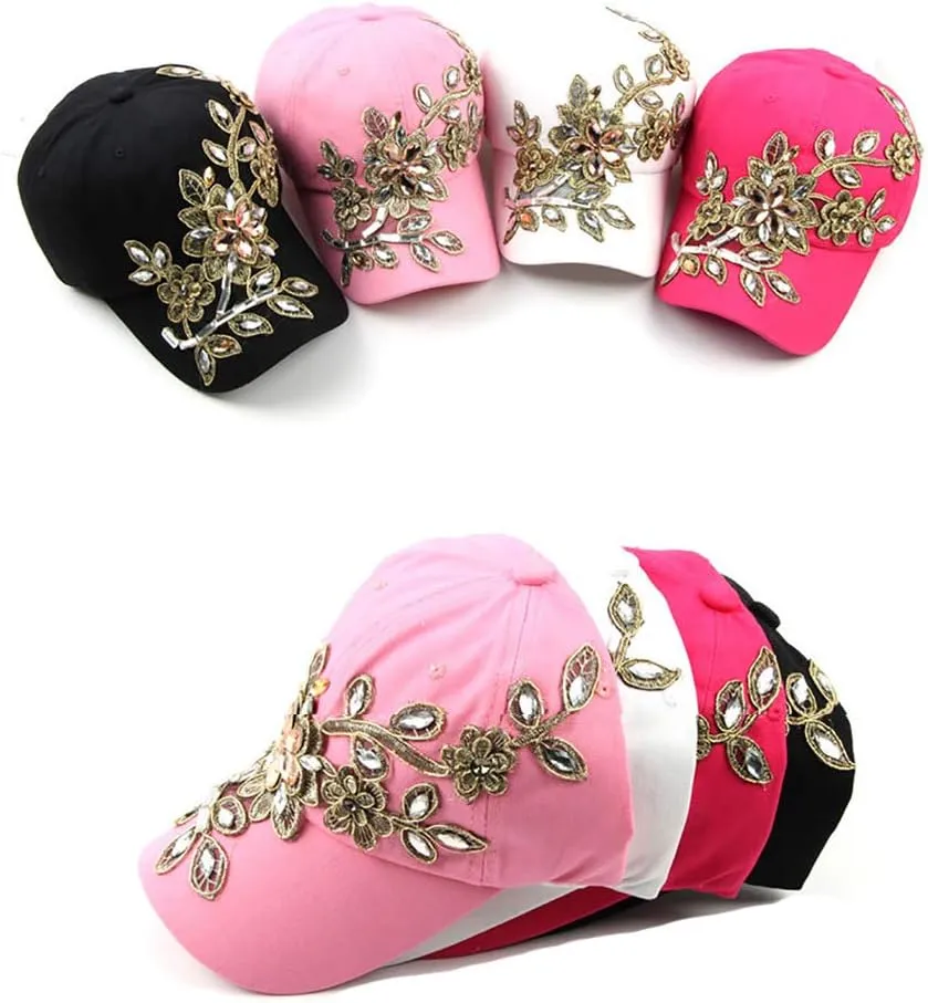 Gudessly Bling Women Baseball Cap Flower Snapback Rhinestone Sun Hats Adjustable Denim Jeans Hat
