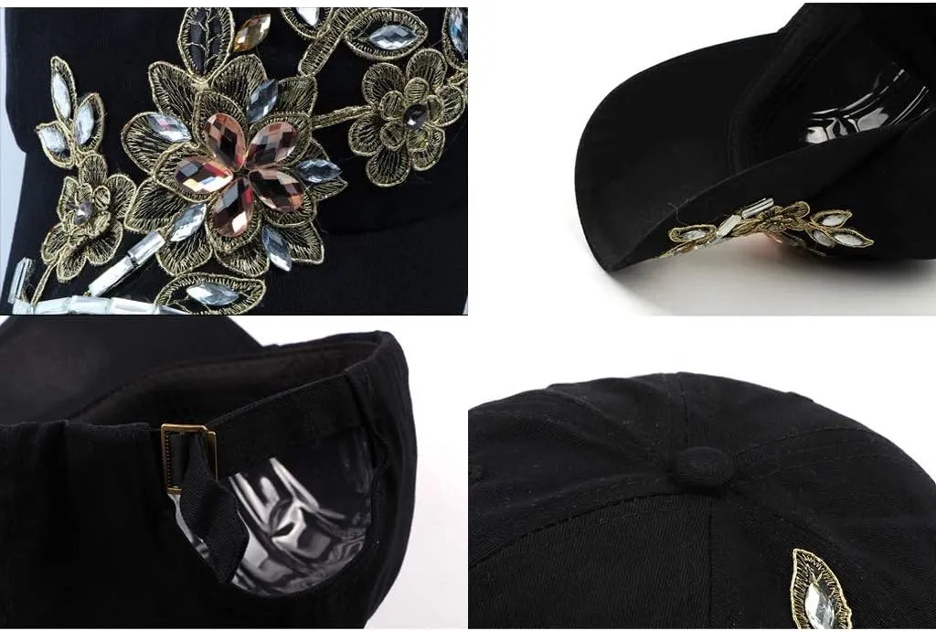 Gudessly Bling Women Baseball Cap Flower Snapback Rhinestone Sun Hats Adjustable Denim Jeans Hat