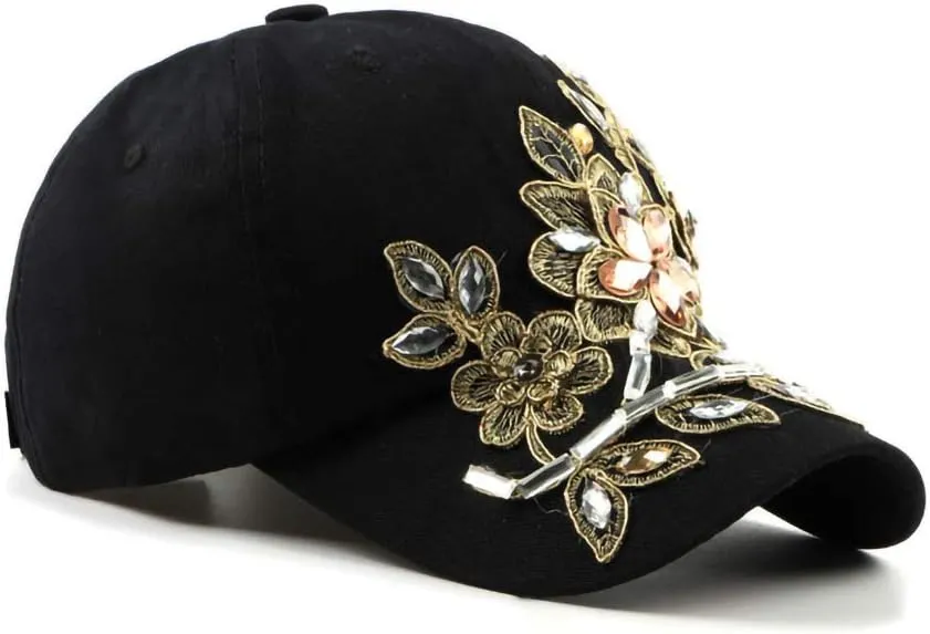 Gudessly Bling Women Baseball Cap Flower Snapback Rhinestone Sun Hats Adjustable Denim Jeans Hat