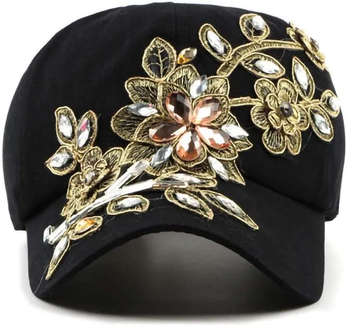 Gudessly Bling Women Baseball Cap Flower Snapback Rhinestone Sun Hats Adjustable Denim Jeans Hat