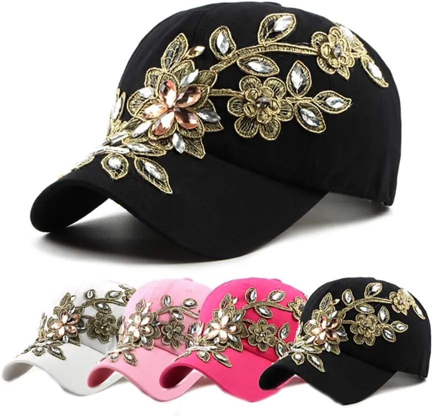 Gudessly Bling Women Baseball Cap Flower Snapback Rhinestone Sun Hats Adjustable Denim Jeans Hat