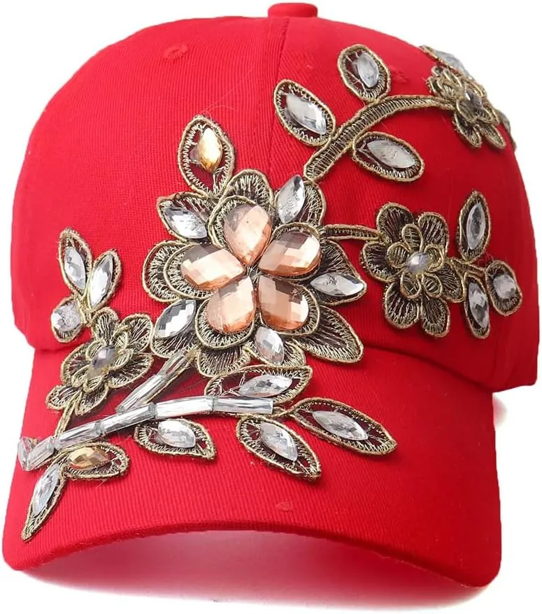 Gudessly Bling Women Baseball Cap Flower Snapback Rhinestone Sun Hats Adjustable Denim Jeans Hat