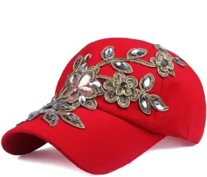 Gudessly Bling Women Baseball Cap Flower Snapback Rhinestone Sun Hats Adjustable Denim Jeans Hat
