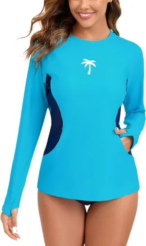 Halcurt Women Swim Shirt with Built in Bra Rash Guard with Pockets Thumb Hole Swimsuit Top