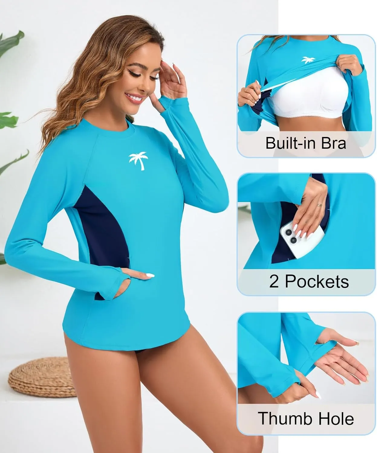 Halcurt Women Swim Shirt with Built in Bra Rash Guard with Pockets Thumb Hole Swimsuit Top