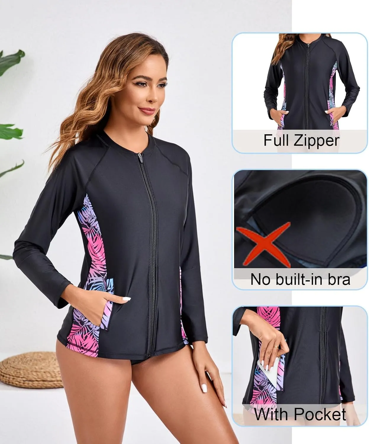 Halcurt Women's Full Zip Long Sleeve Rash Guard Swim Top with Pockets UPF50  Quick Dry Swimsuit