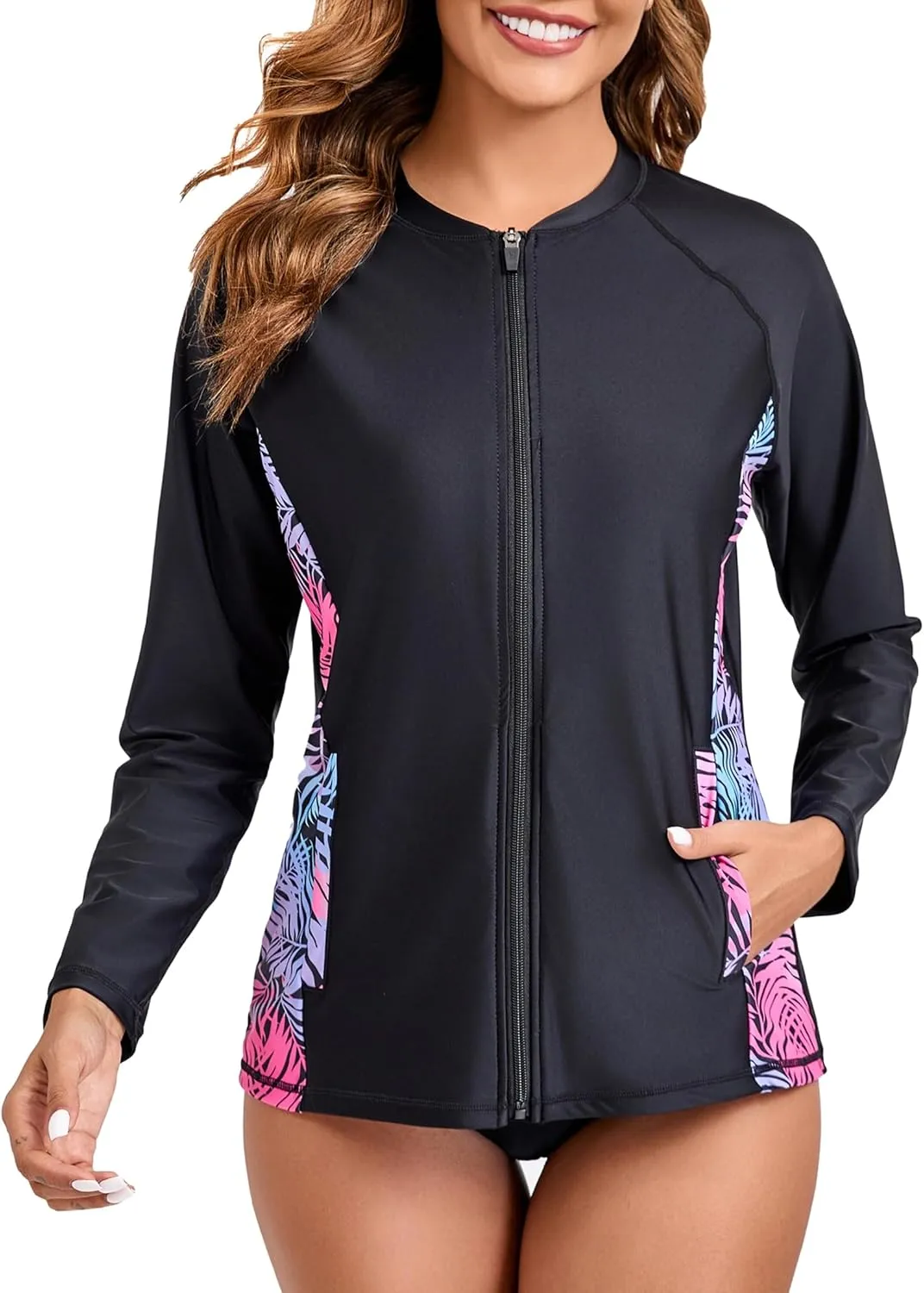 Halcurt Women's Full Zip Long Sleeve Rash Guard Swim Top with Pockets UPF50  Quick Dry Swimsuit