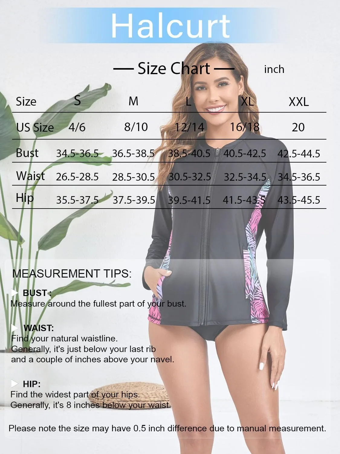 Halcurt Women's Full Zip Long Sleeve Rash Guard Swim Top with Pockets UPF50  Quick Dry Swimsuit