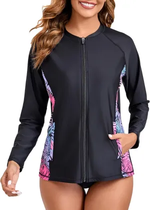 Halcurt Women's Full Zip Long Sleeve Rash Guard Swim Top with Pockets UPF50  Quick Dry Swimsuit