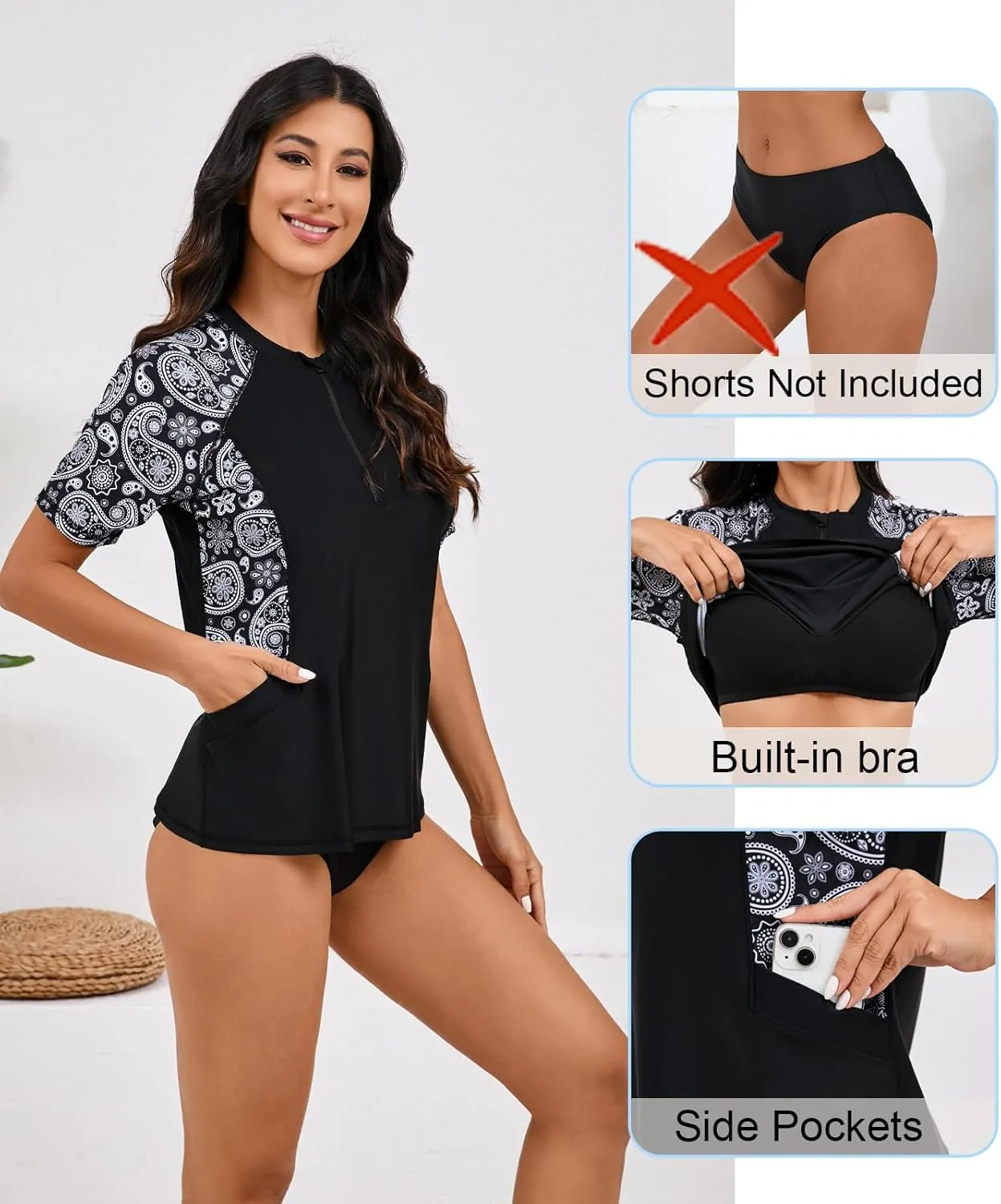 Halcurt Women's Half Zip Short Sleeve Rash Guard Top with Bra Side Pockets Swim Shirts UPF50  Swimsuit