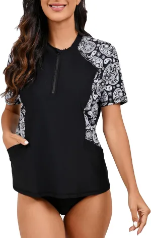 Halcurt Women's Half Zip Short Sleeve Rash Guard Top with Bra Side Pockets Swim Shirts UPF50  Swimsuit