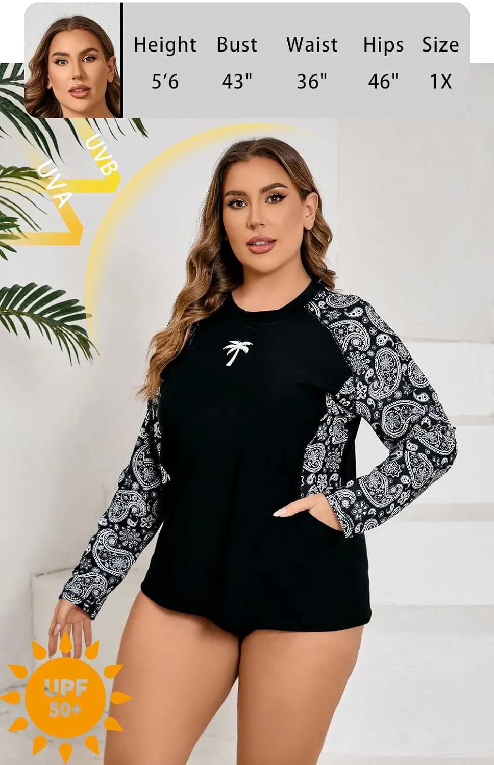 Halcurt Womens Plus Size Long Sleeve Rash Guard Swim Top with Built in Bra Loose Fit UPF50  Sun Protection Swimsuit