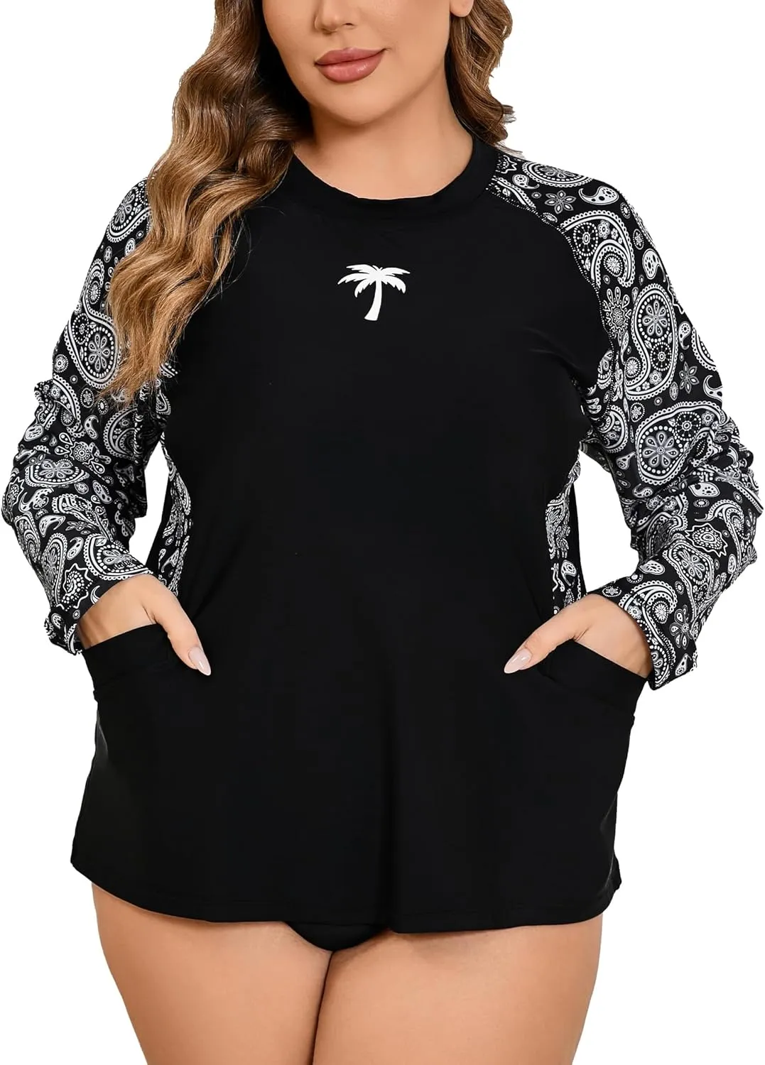 Halcurt Womens Plus Size Long Sleeve Rash Guard Swim Top with Built in Bra Loose Fit UPF50  Sun Protection Swimsuit