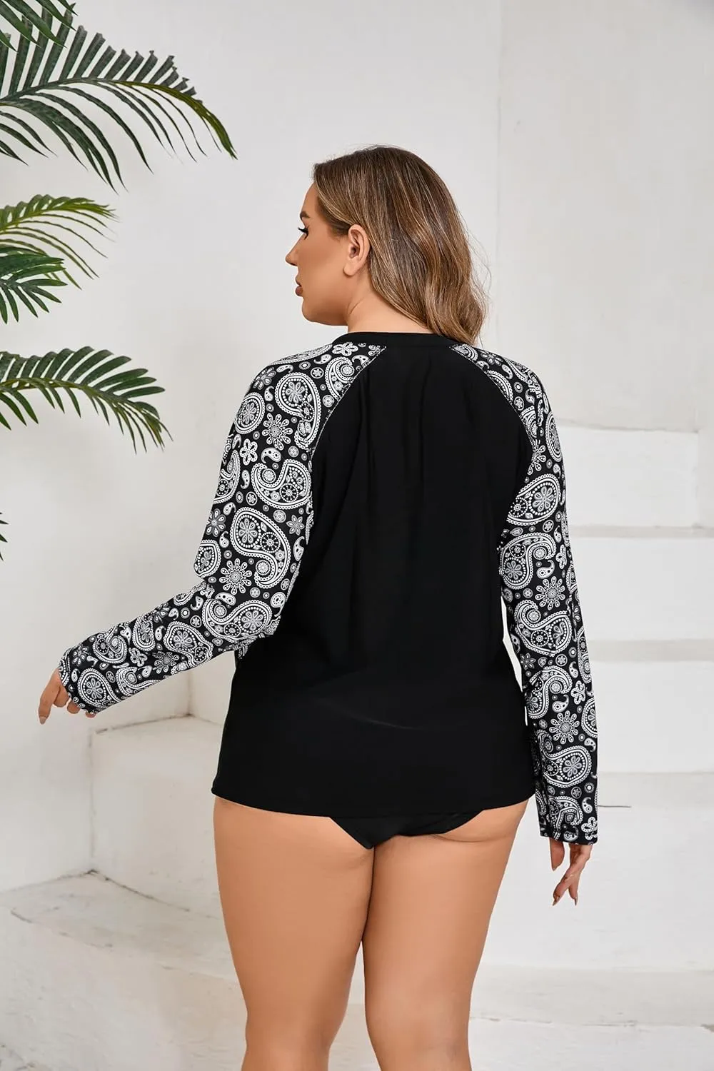 Halcurt Womens Plus Size Long Sleeve Rash Guard Swim Top with Built in Bra Loose Fit UPF50  Sun Protection Swimsuit