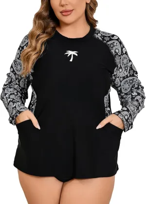 Halcurt Womens Plus Size Long Sleeve Rash Guard Swim Top with Built in Bra Loose Fit UPF50  Sun Protection Swimsuit