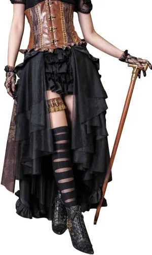 HaoLin Steampunk Retro Victorian Punk Cincher Lace up Long Ruffle Pencil Skirt Black