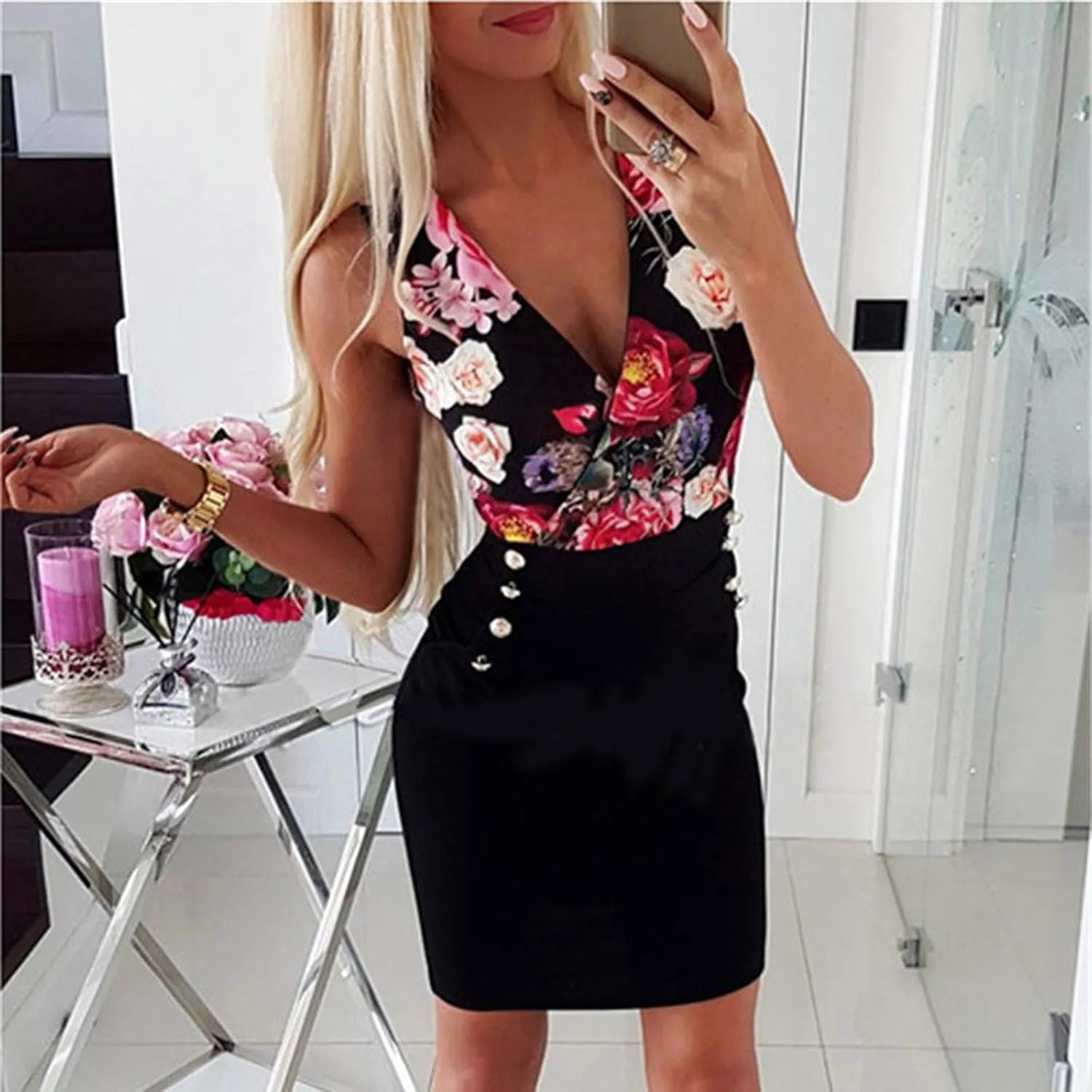 HGOOGY Sundress Beach Pockets Dress HIPS Printed Women Slim Multicolor V-Neck Side Sexy Mid Length Summer Dresses