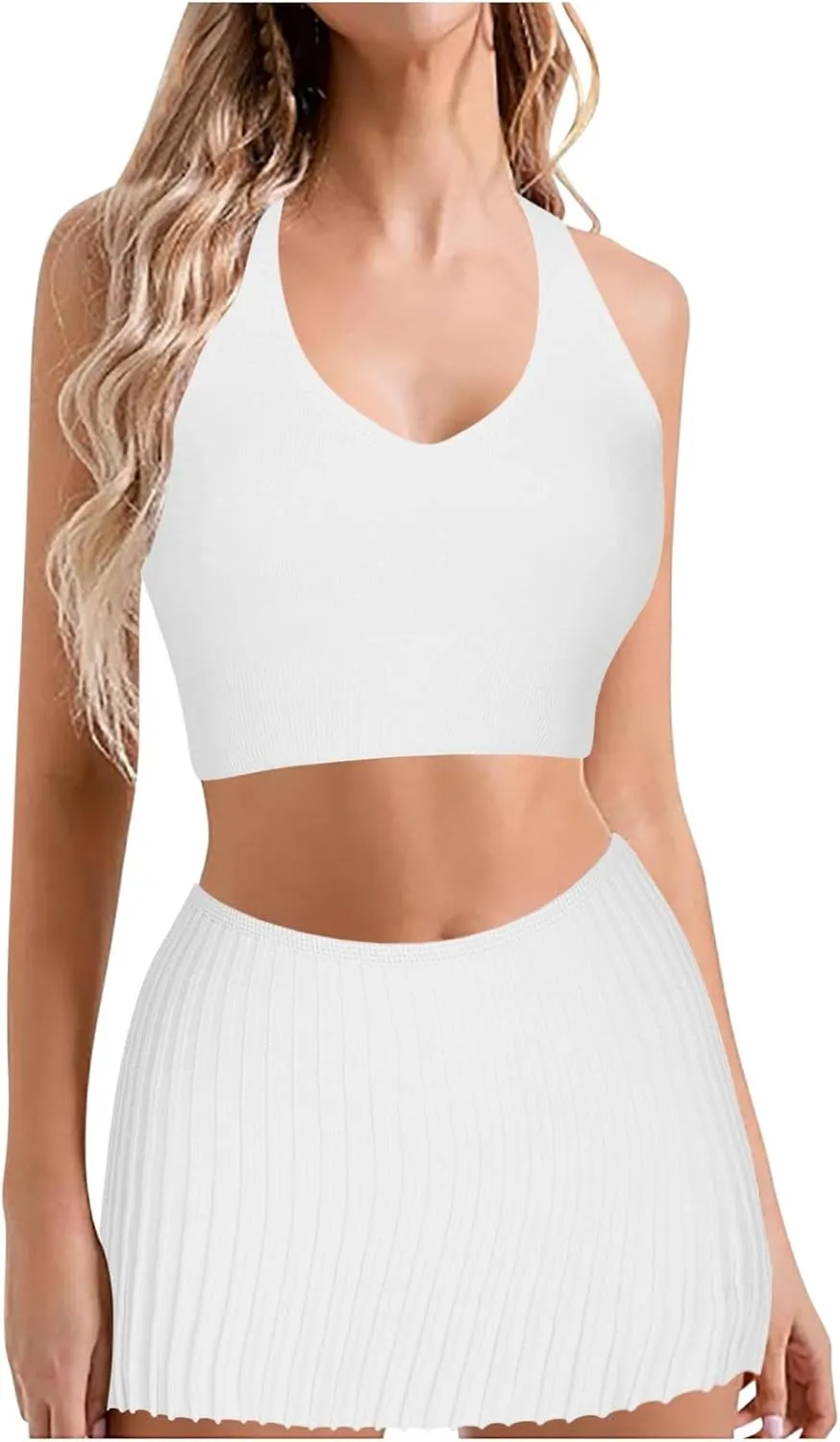 HGps8w Sexy 2 Piece Outfits for Women Athletic Halter Crop Top with Cute Pleated Mini Skirt Golf Tennis Skorts Dress Sets