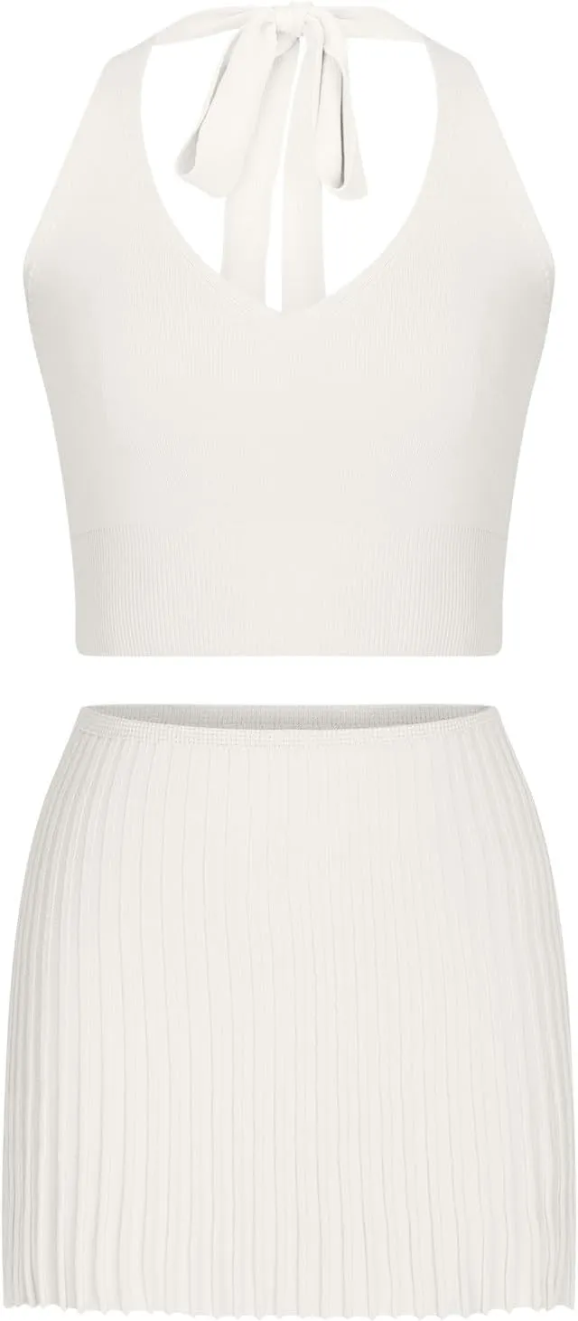 HGps8w Sexy 2 Piece Outfits for Women Athletic Halter Crop Top with Cute Pleated Mini Skirt Golf Tennis Skorts Dress Sets