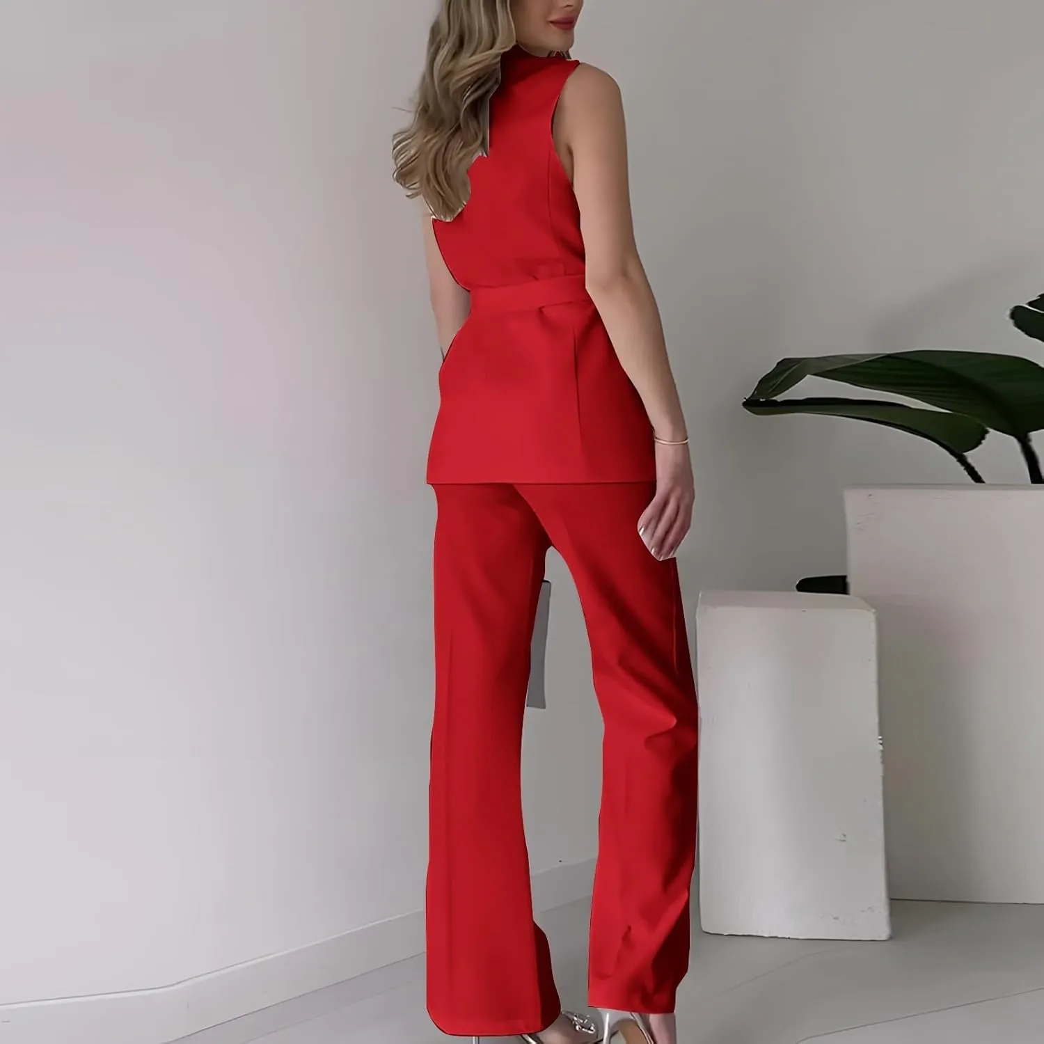 HGps8w Two Piece Outfits for Women Dressy Blazer Sets Sleeveless Belted Suit Vest & Pencil Pants Business Suits with Pockets