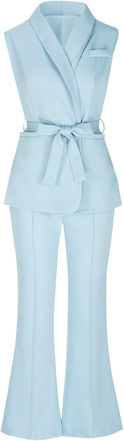 HGps8w Two Piece Outfits for Women Dressy Blazer Sets Sleeveless Belted Suit Vest & Pencil Pants Business Suits with Pockets