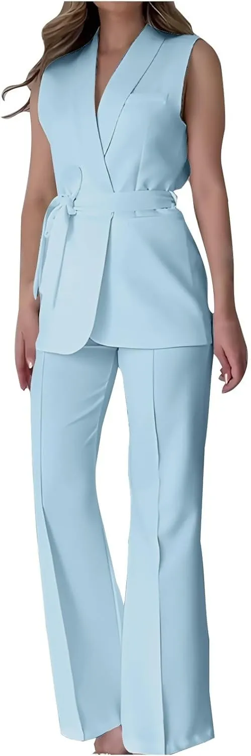 HGps8w Two Piece Outfits for Women Dressy Blazer Sets Sleeveless Belted Suit Vest & Pencil Pants Business Suits with Pockets