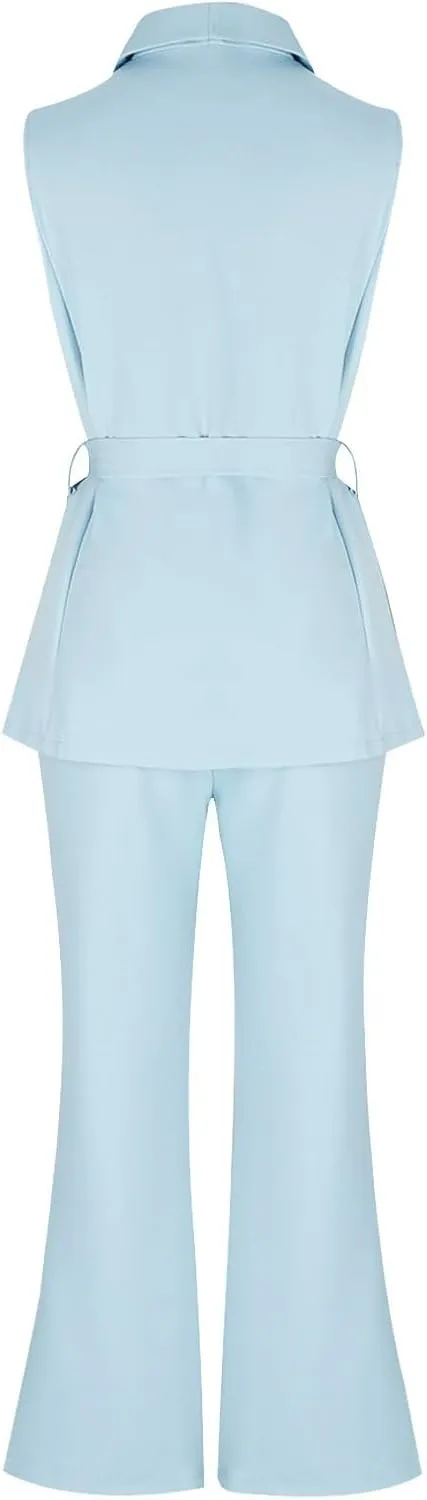 HGps8w Two Piece Outfits for Women Dressy Blazer Sets Sleeveless Belted Suit Vest & Pencil Pants Business Suits with Pockets