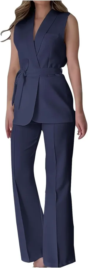HGps8w Two Piece Outfits for Women Dressy Blazer Sets Sleeveless Belted Suit Vest & Pencil Pants Business Suits with Pockets