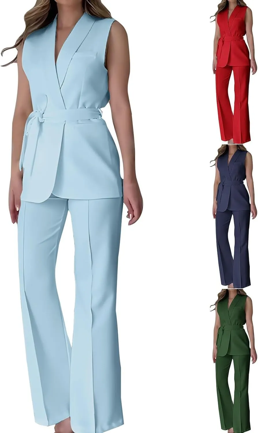 HGps8w Two Piece Outfits for Women Dressy Blazer Sets Sleeveless Belted Suit Vest & Pencil Pants Business Suits with Pockets