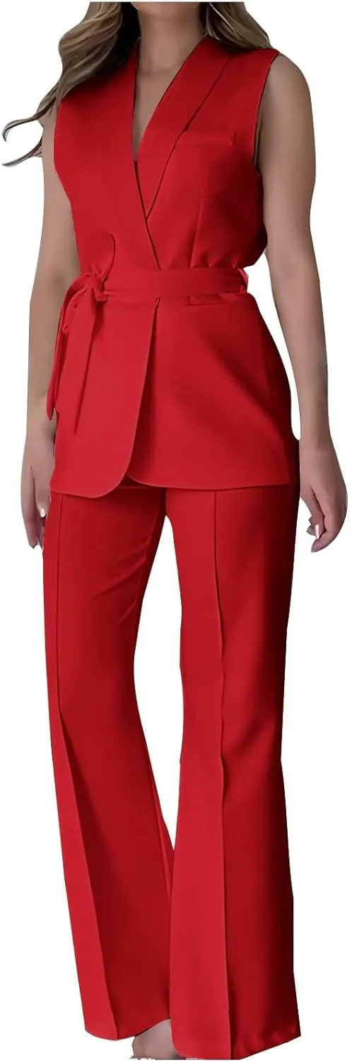 HGps8w Two Piece Outfits for Women Dressy Blazer Sets Sleeveless Belted Suit Vest & Pencil Pants Business Suits with Pockets