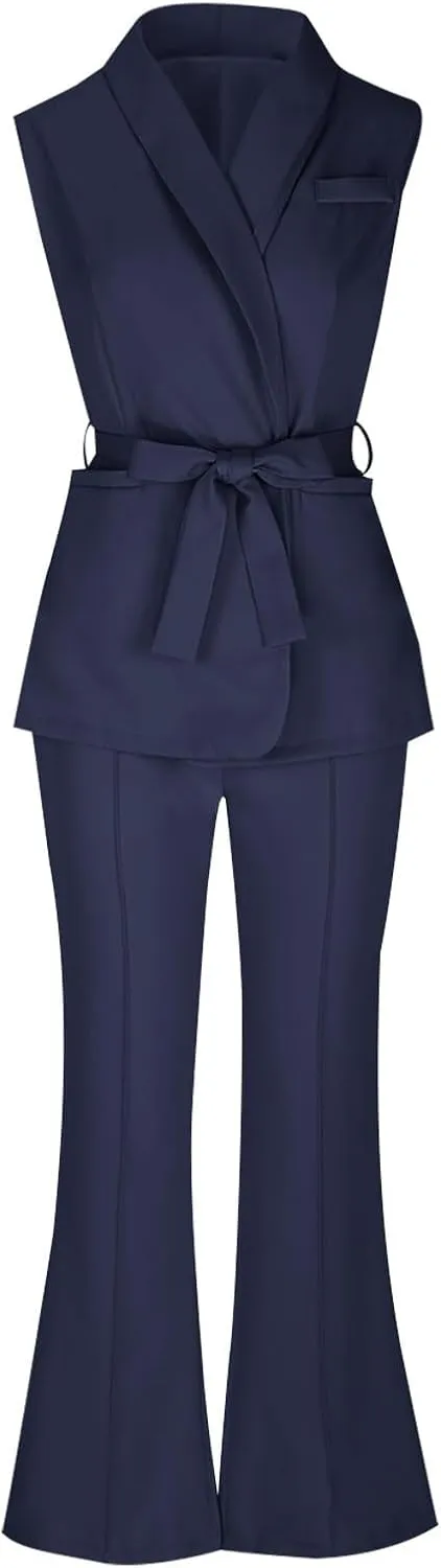 HGps8w Two Piece Outfits for Women Dressy Blazer Sets Sleeveless Belted Suit Vest & Pencil Pants Business Suits with Pockets