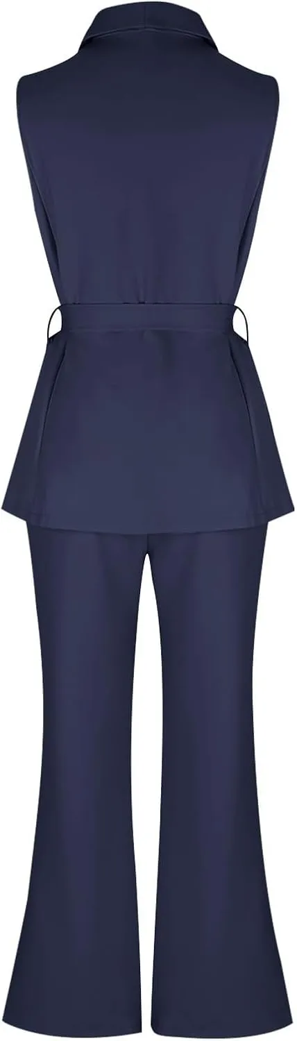 HGps8w Two Piece Outfits for Women Dressy Blazer Sets Sleeveless Belted Suit Vest & Pencil Pants Business Suits with Pockets