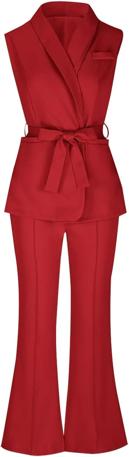 HGps8w Two Piece Outfits for Women Dressy Blazer Sets Sleeveless Belted Suit Vest & Pencil Pants Business Suits with Pockets