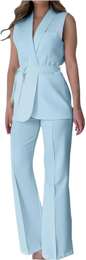 HGps8w Two Piece Outfits for Women Dressy Blazer Sets Sleeveless Belted Suit Vest & Pencil Pants Business Suits with Pockets
