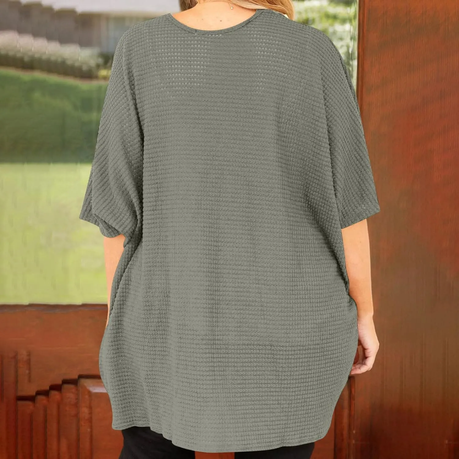 HGps8w Women's Waffle Cardigan Open Front Plus Size Summer Sun Shirts Loose Solid Short Sleeve Going Out Jacket Tops