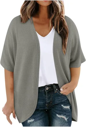 HGps8w Women's Waffle Cardigan Open Front Plus Size Summer Sun Shirts Loose Solid Short Sleeve Going Out Jacket Tops