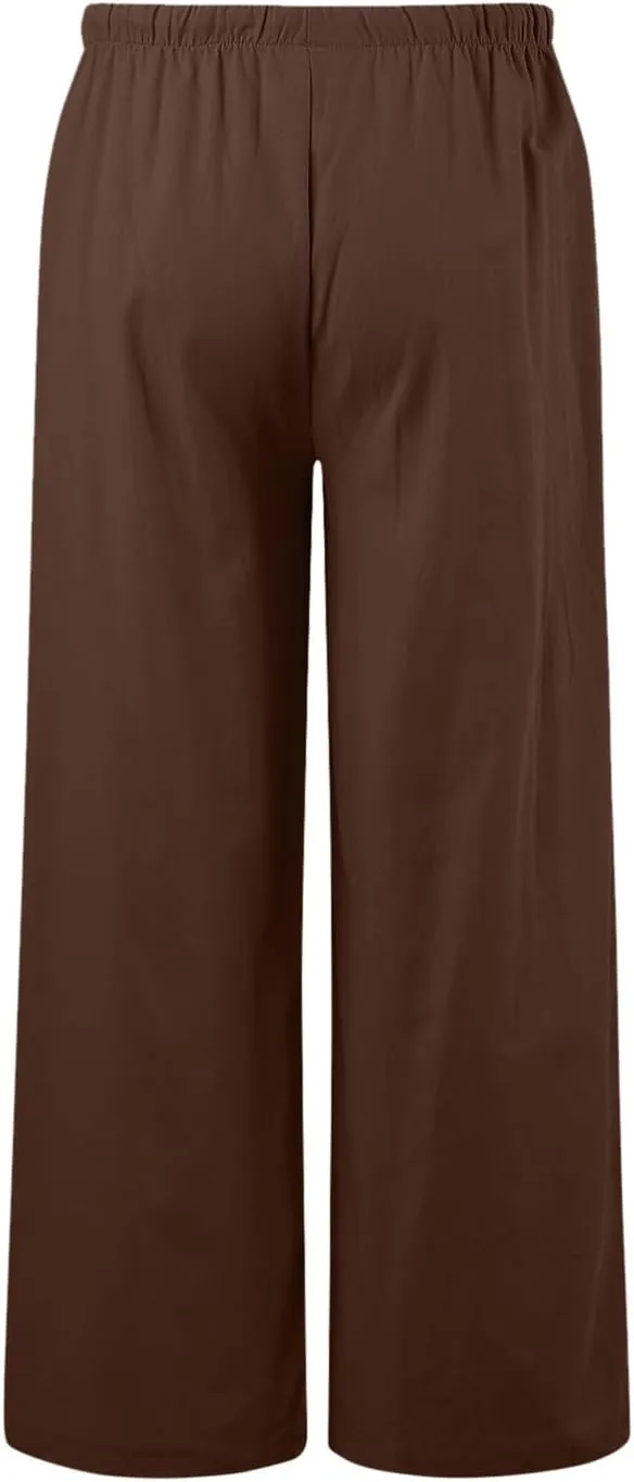 High Waisted Linen Pants for Women Casual Wide Leg Flowy Palazzo Pants Elastic Waist Lightweight Summer Beach Pant