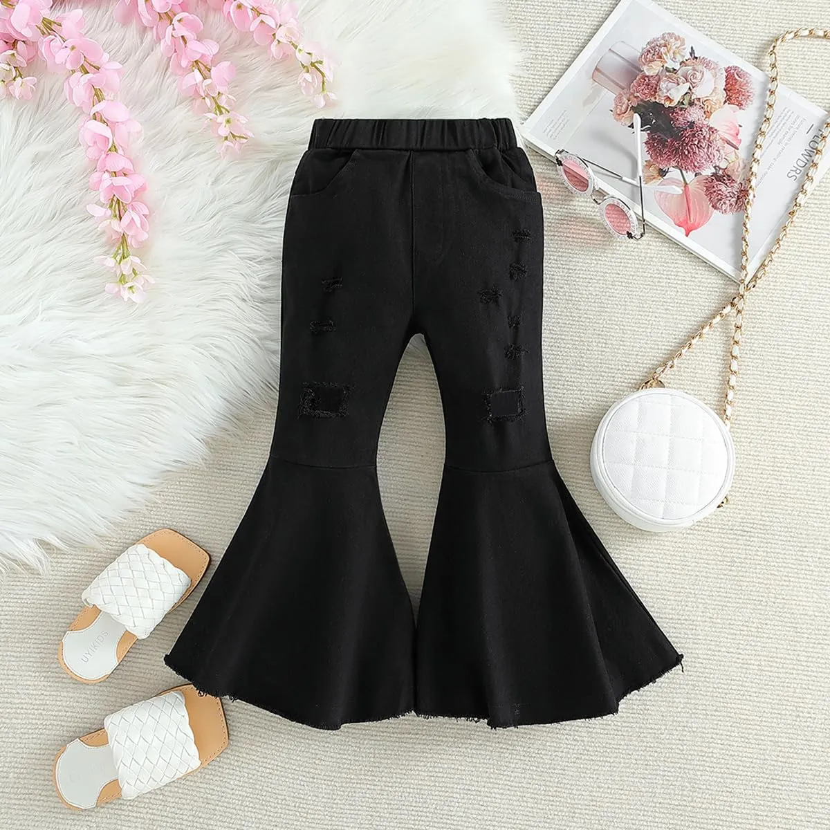 IWEMEK Toddler Girls Ruffle Ripped Jeans Bell Bottom Flare Pants Ripped Denim Leggings Trousers Elastic Waist Ruffle Pants