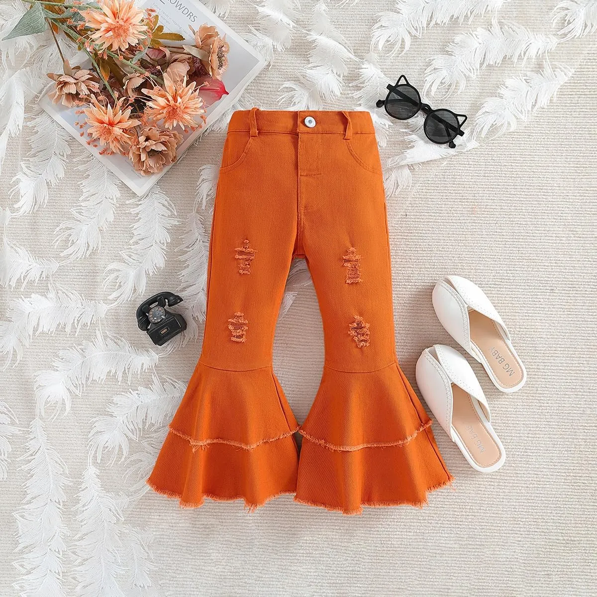 IWEMEK Toddler Girls Ruffle Ripped Jeans Bell Bottom Flare Pants Ripped Denim Leggings Trousers Elastic Waist Ruffle Pants