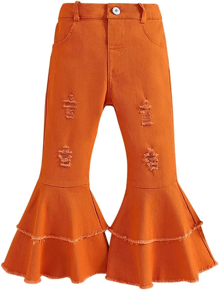 IWEMEK Toddler Girls Ruffle Ripped Jeans Bell Bottom Flare Pants Ripped Denim Leggings Trousers Elastic Waist Ruffle Pants