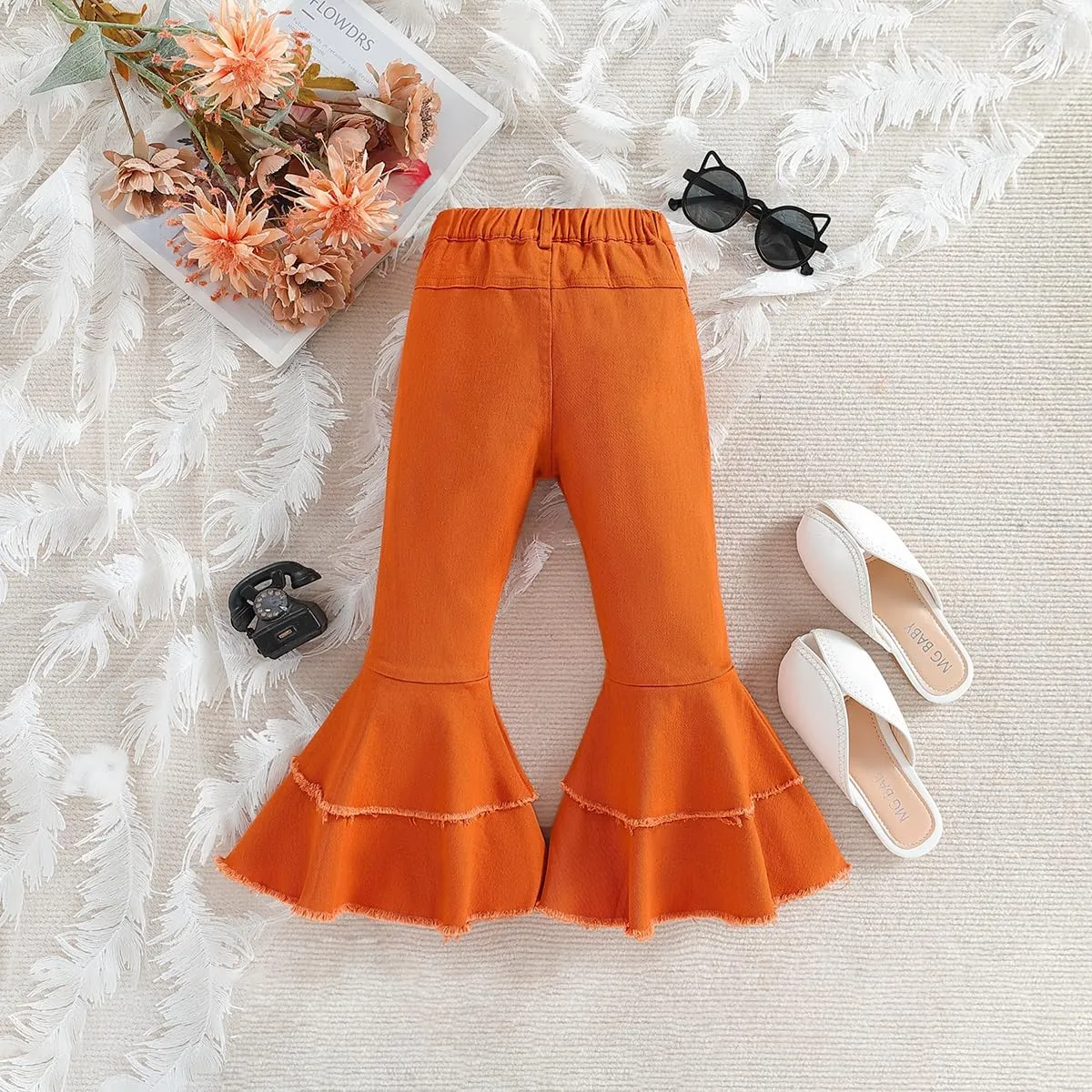 IWEMEK Toddler Girls Ruffle Ripped Jeans Bell Bottom Flare Pants Ripped Denim Leggings Trousers Elastic Waist Ruffle Pants